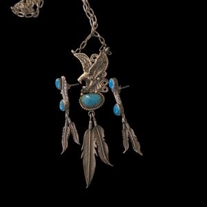 Eagle and Feather Silver Necklace with Turquoise Accents
